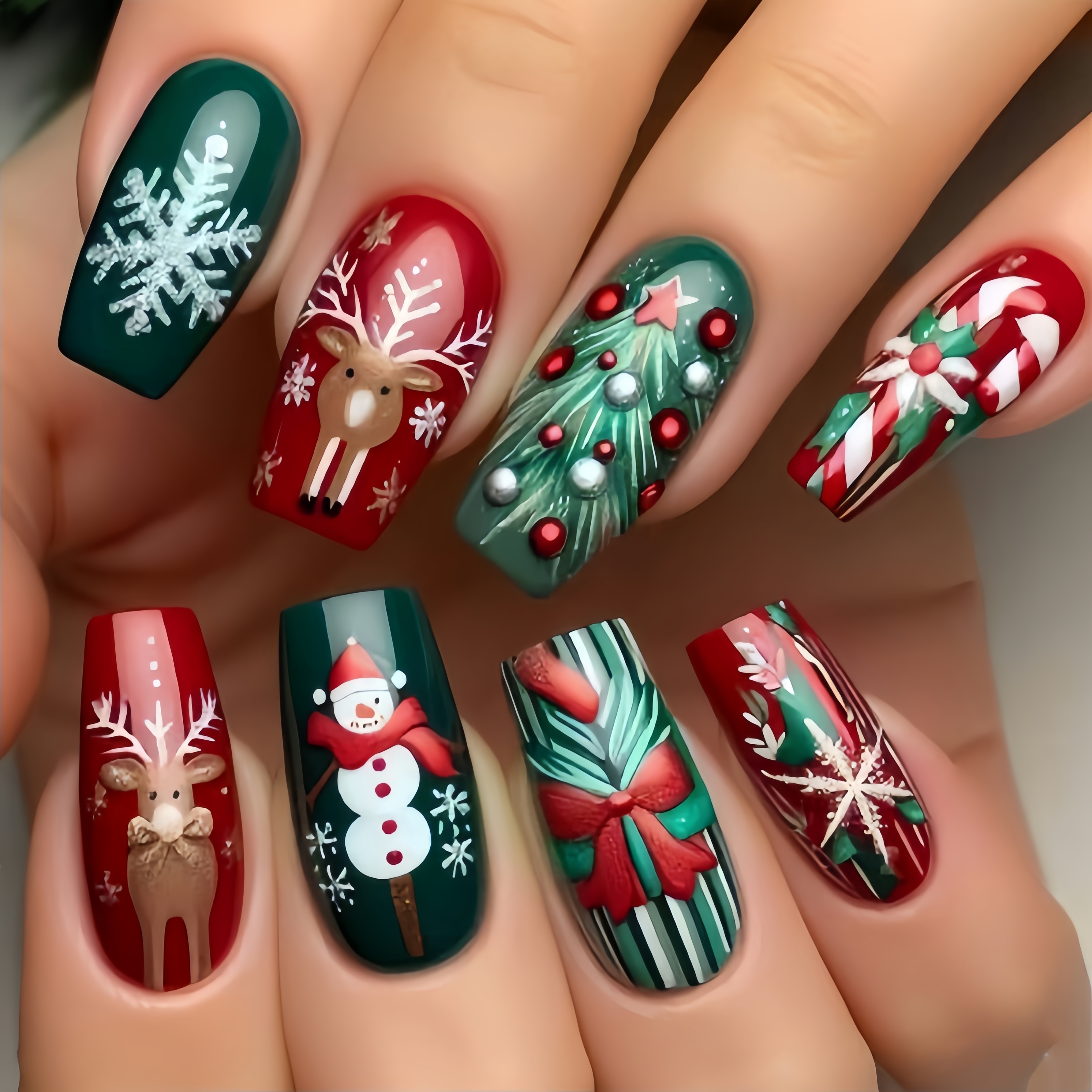 

24pcs Christmas Press-on Nails Set - Festive Red & Green With Snowman, Reindeer & - Glossy Medium Fake Nails For