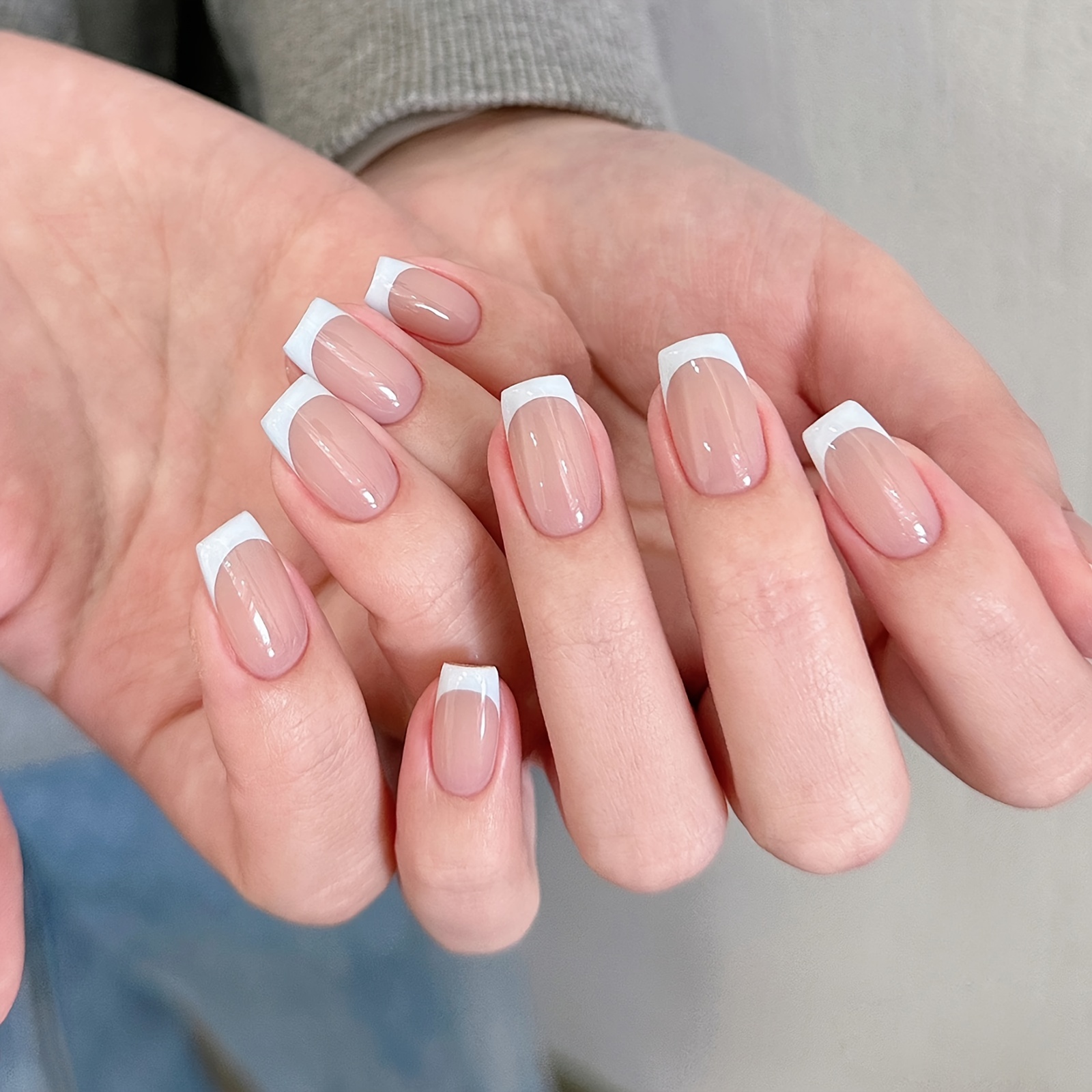 Glossy White French Press Nails Medium Square Nails Temu
