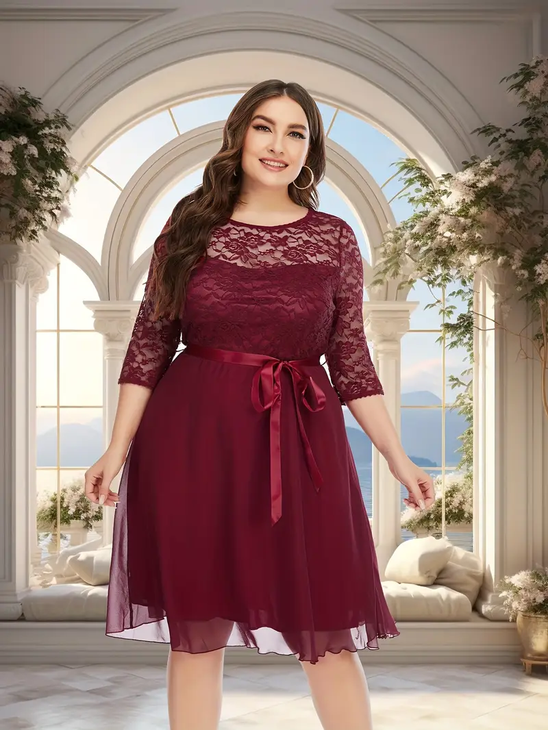 Plus Size Summer Lace & Tulle Contrast Wedding Dress - Elegant A-Line Short Sleeve Knee-Length Maroon Formal Gown with Adjustable Waist Ribbon, Breathable for Bridal Showers & Special Occasions, ... Plus Size Summer Lace & Tulle Contrast Wedding Dress - Elegant A-Line Short Sleeve Knee-Length Maroon Formal Gown with Adjustable Waist Ribbon, Breathable for Bridal Showers & Special Occasions, ...