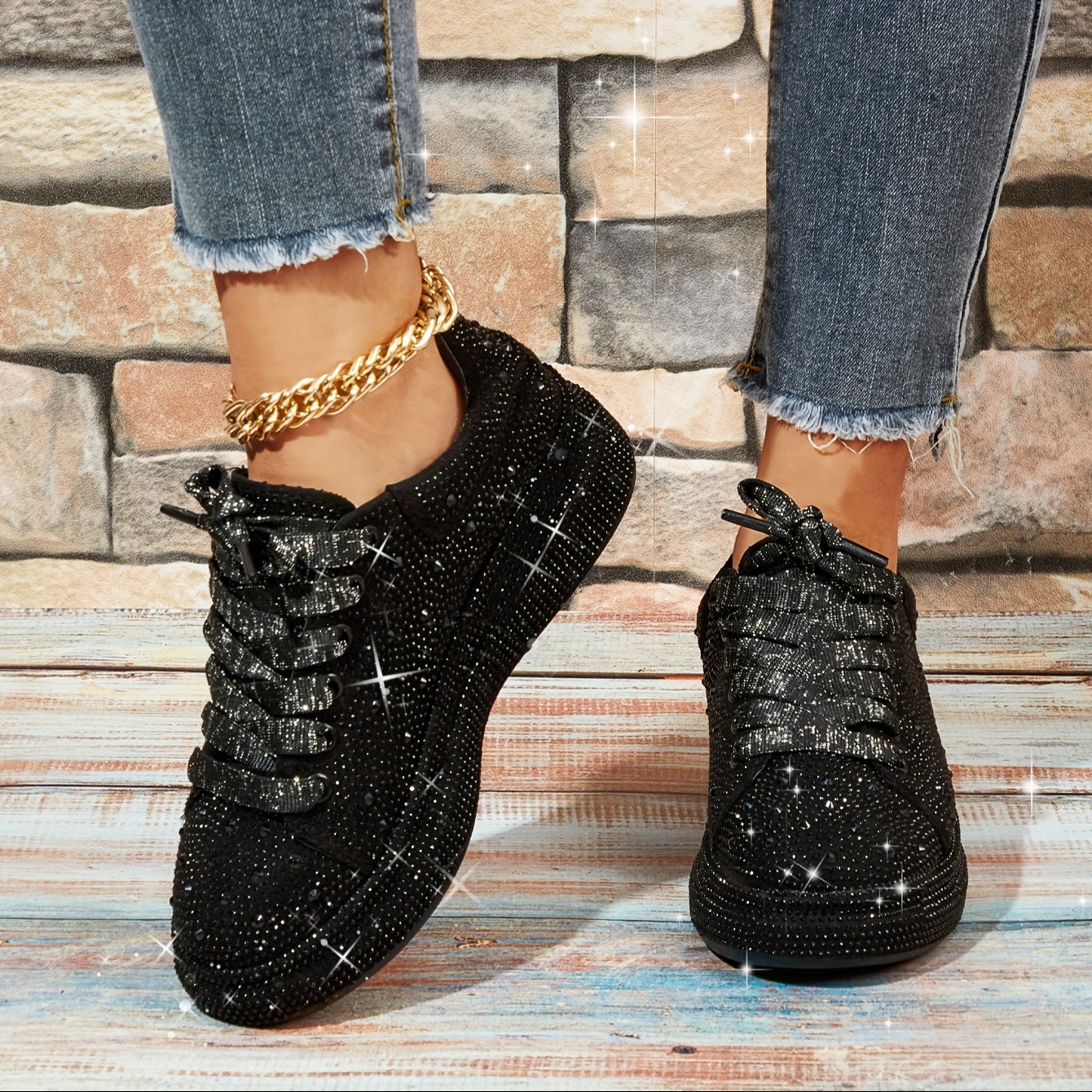 

Autumn Clearance Sale Black Sparkly Sneakers For Women Promotion Party Prom Club Sneakers Sporty Fashion Casual Sneakers