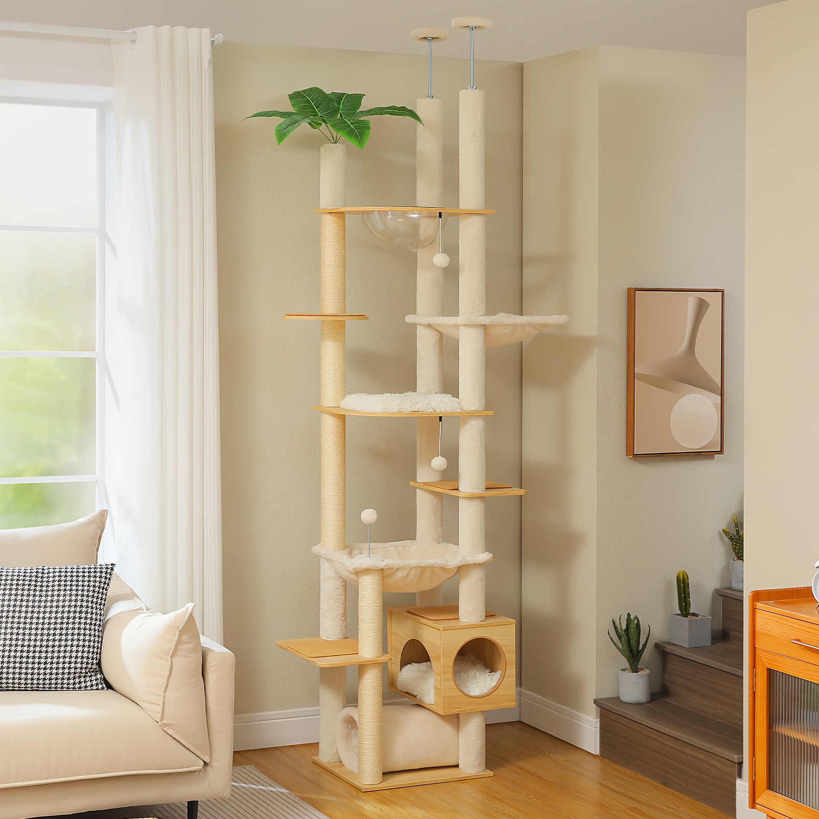 floor to ceiling cat tree 93 3 100 8 height adjustable wooden cat tower tall climbing play house with scratching posts cozy condo perches and large hammock for indoor cats beige
