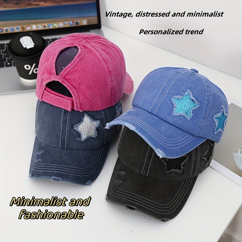 

Baseball Hat For Women, Washed Retro With Holes, Minimalist Star Couple, Vintage Sun Shading Duckbill Hat For Men, Trendy