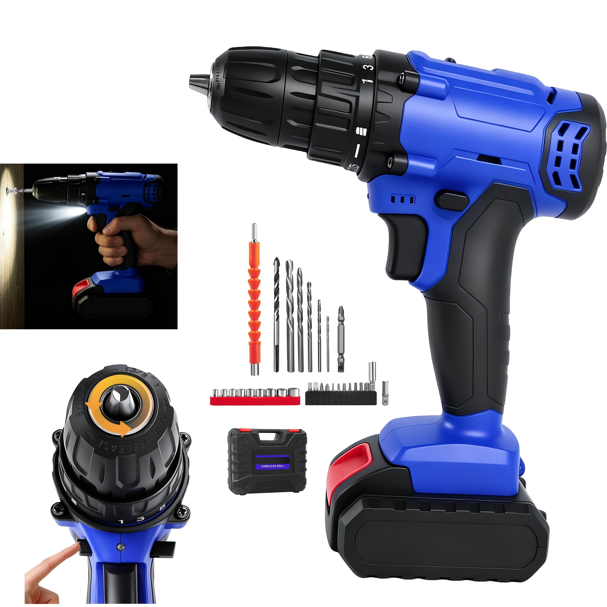 Image of 21v Screwdriver Set, Drill Driver With 1500mah Batteries, 45 N.m Max Impact Drill Driver, Torque On 25+1 Levels, Drill Driver With 26pcs Additions For Home And - Blue