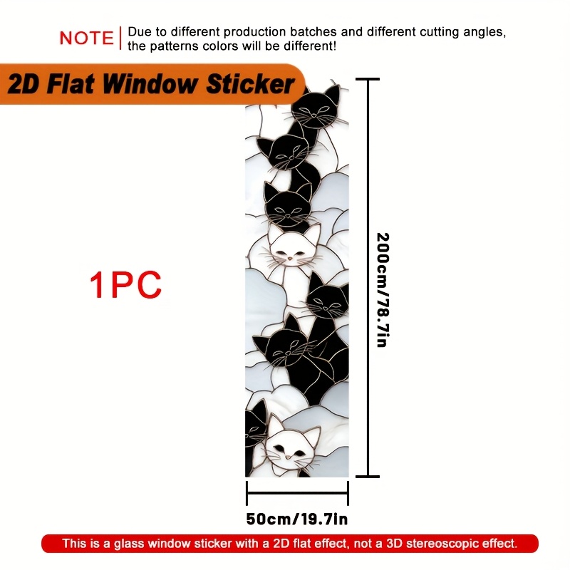 TEMU 2d Flat, 1pc Large 50x200cm (50×200cm) Black & White Cat Face Window Film - Static Cling Privacy Panel, Pvc Frosted Covering For Home, Office,