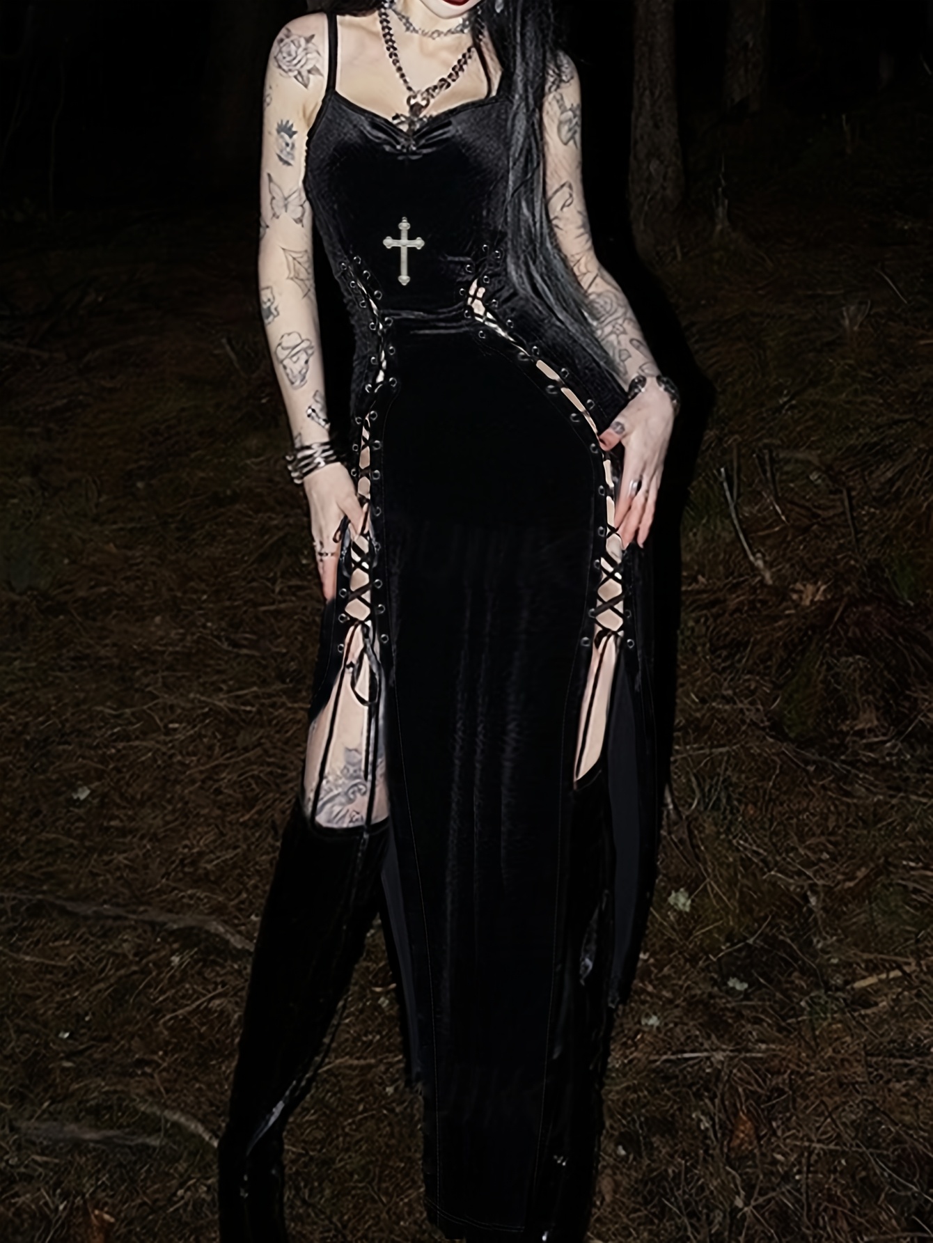 princess polly baby blue dress Coven Dress - Long Black Gothic Dress with Hood main image 0