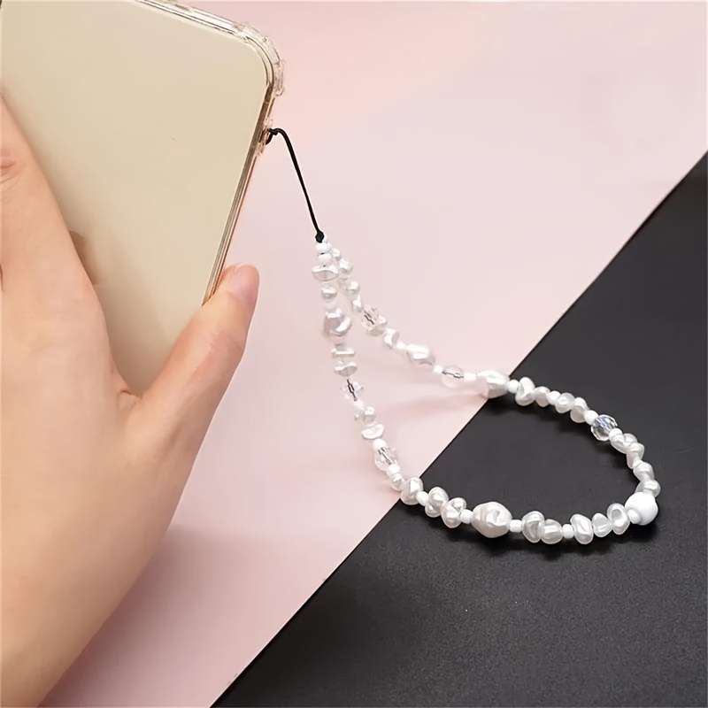 E-shop Koreanischer Stil Einfachheit Weiß Unregelmäßige Harzperlen Handykette mit Kurze Handgelenkschnur für Mobiltelefon Kopfhörer Rucksack Kamera