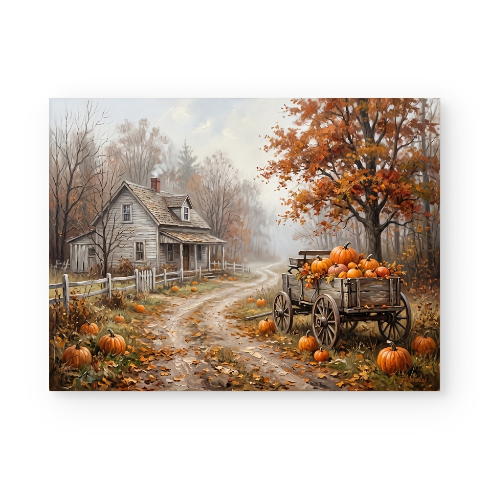 TEMU 2d Flat, Posters And Prints Unframed Canvas Wall Art Sizes 30x40/40x60/50x70, Vintage White Wooden Farmhouse Rustic Wagon Full Of Pumpkins Foggy