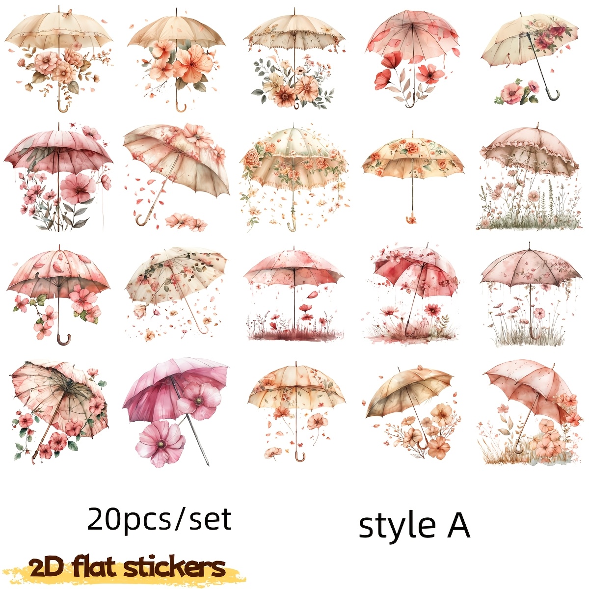 2d Flat Stickers, 20pcs Set - Floral Umbrella Series Stickers, 2d Flat