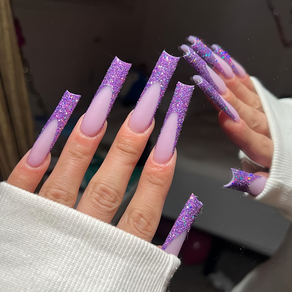 

24pcs Super Long Coffin Purple Glitter French Tip Press-on Nails, Essential Fingernail Set For Party With Jelly Adhesive And Nail File