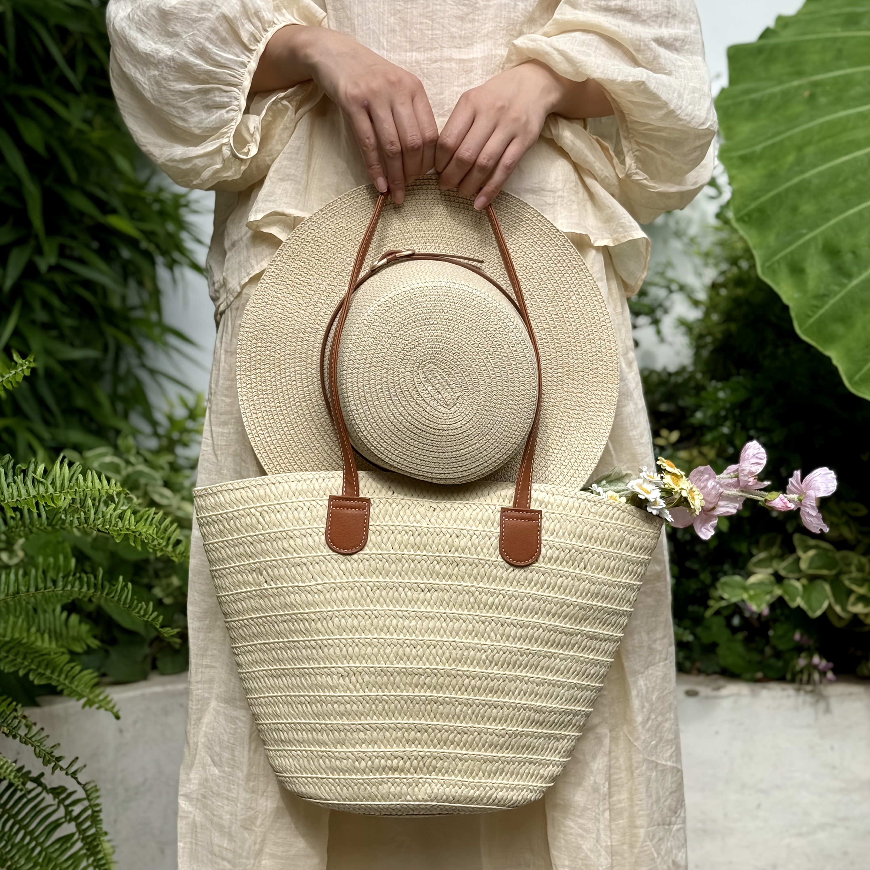 2pcs Elegant Beach Hat + Woven Tote Bag Set, Stylish Large-Capacity Vacation-Style Women's Shoulder Bag, Elegant Strap Accent Beach Hat, Suitable for Seaside Travel, Outdoor Outings, and Other Occasions, Birthday Gift, Valentine's Day Gift