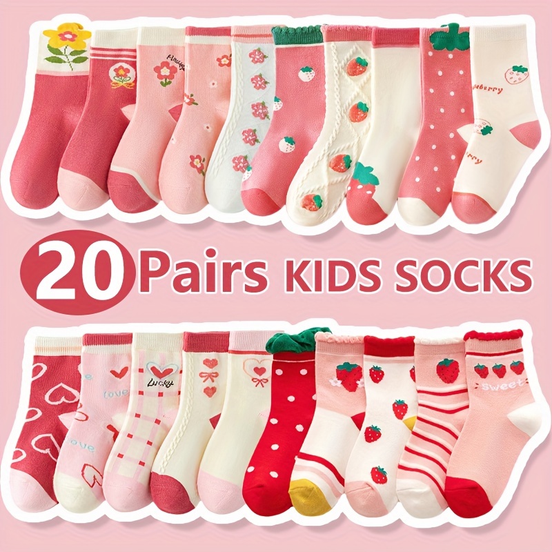 

20pcs Girls' Cute Strawberry & Heart Mid-calf Socks - Sweet Fashion, Breathable Polyester , 0-14