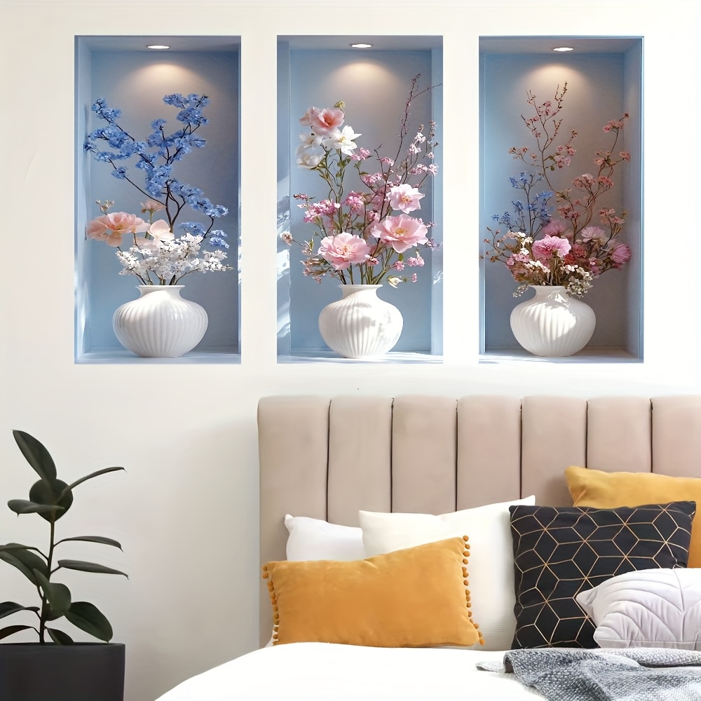TEMU 3pcs Set 2d Artificial Flower Decorative Wall Stickers, Self-adhesive Removable Wallpaper For Living Room, Bedroom, Dining Room, White And