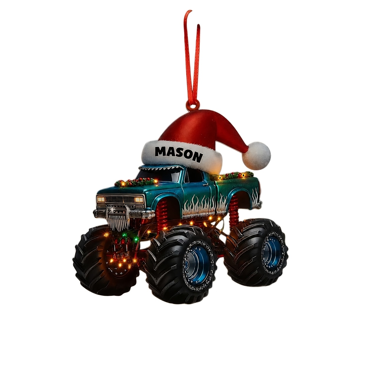 TEMU 2d Flat, Personalized Monster Truck Christmas Ornament, Custom Name 2d Flat Acrylic Hanging Decoration, 10cm Santa Hat Truck Tree Ornament For