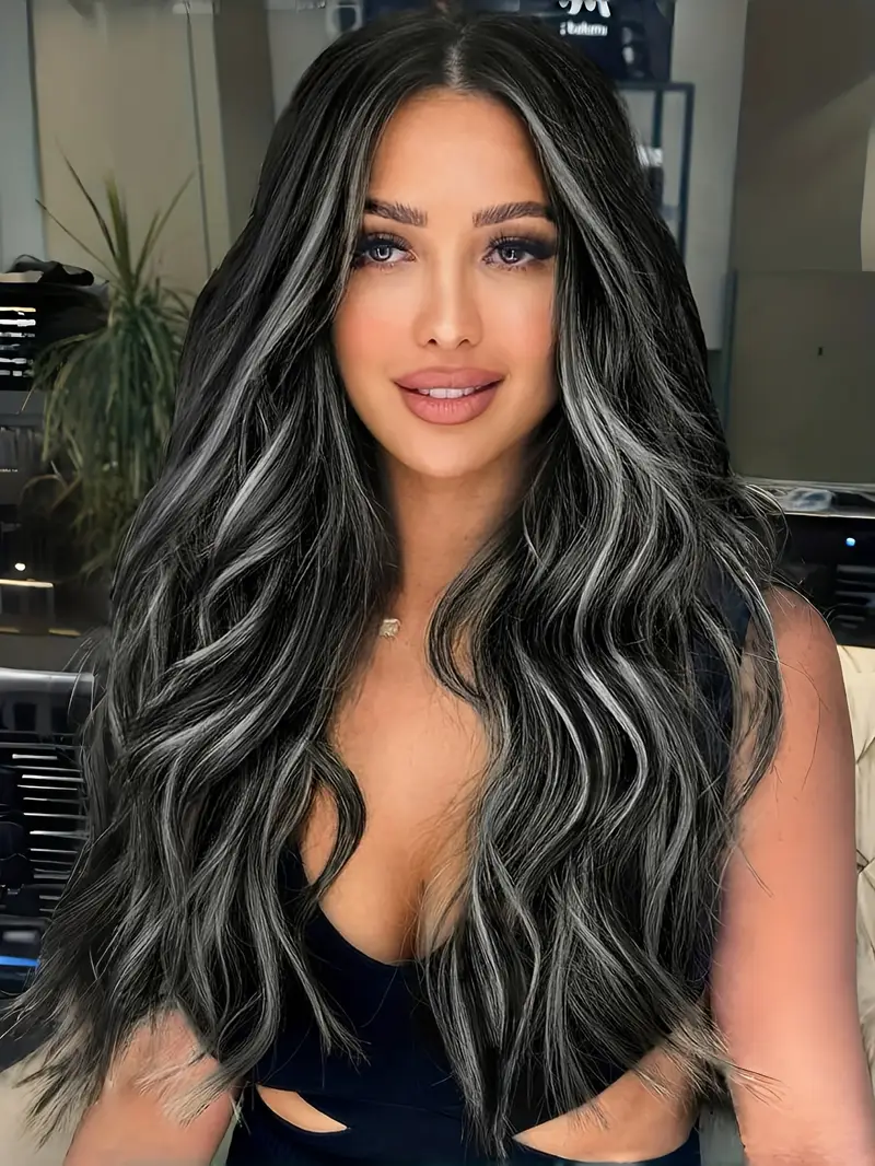 22 inch long wavy heat resistant fiber synthetic hair patch in black and white suitable for womens daily use details 0