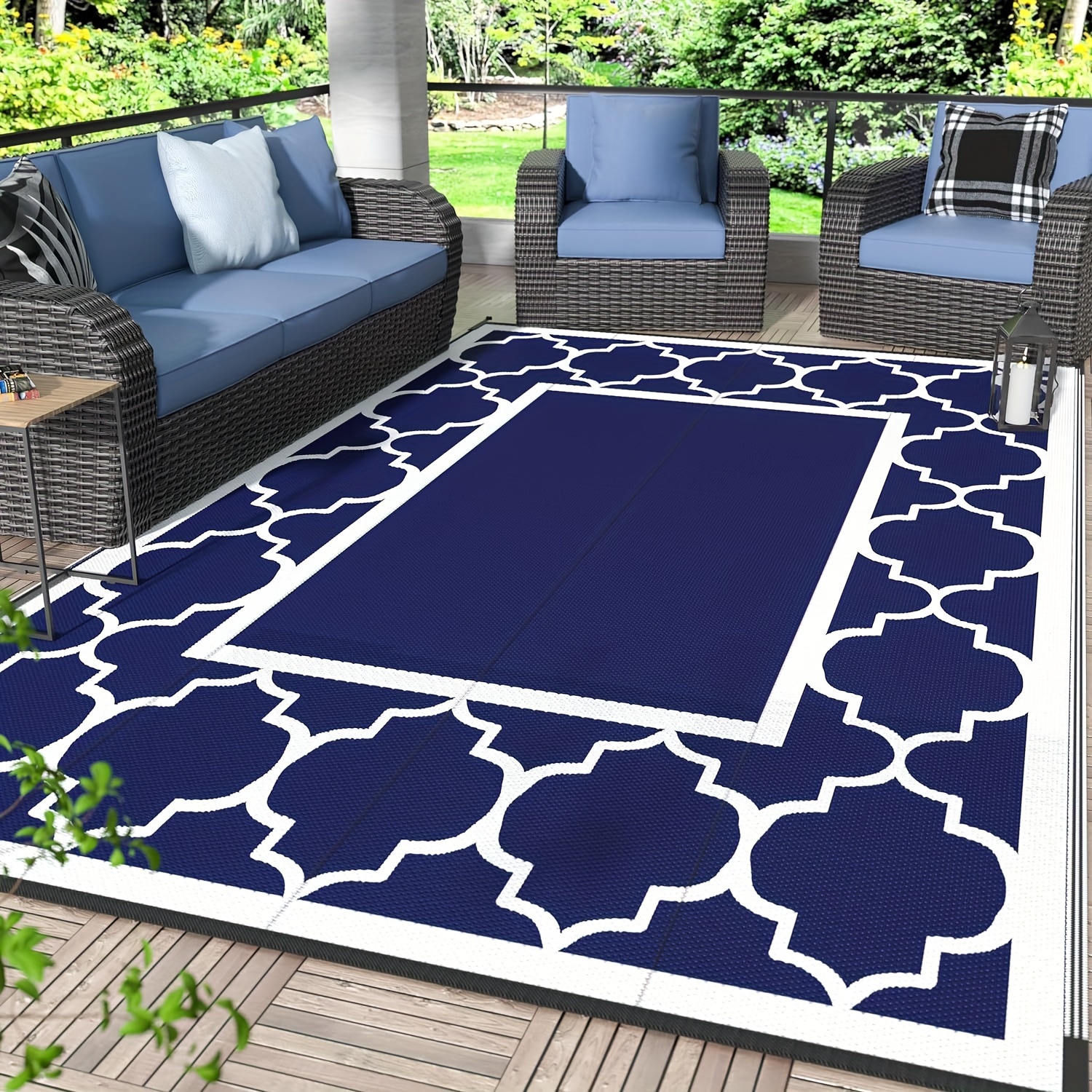 

Outdoor Rug For Patio Clearance, Waterproof Large Mat, Reversible Plastic Camping Rugs, Porch, Deck, Camper, Balcony, Backyard, Black & White