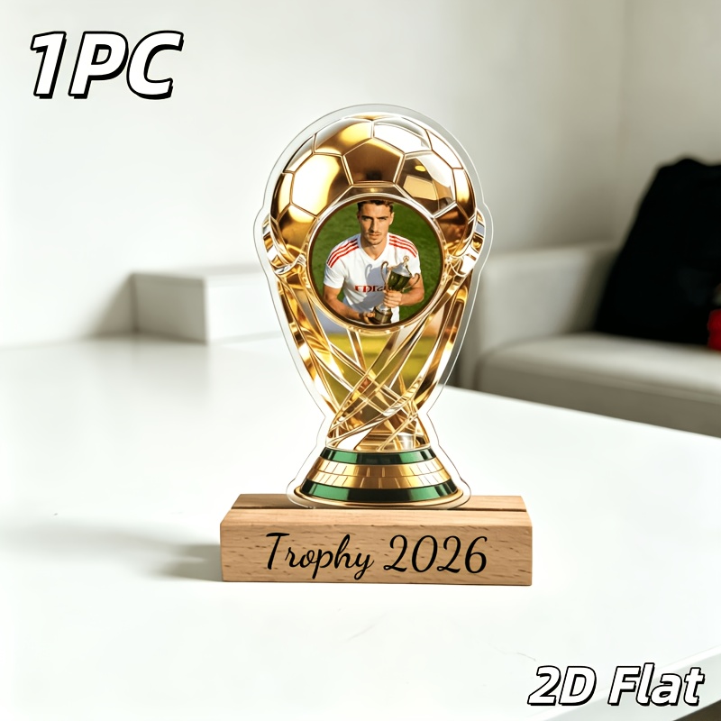 TEMU 2d Flat 1pc Trophy-shaped Acrylic Ornament, Customizable Photo Trophy Stand, Wooden Base With Customizable Text, Fan- Commemorative Desktop