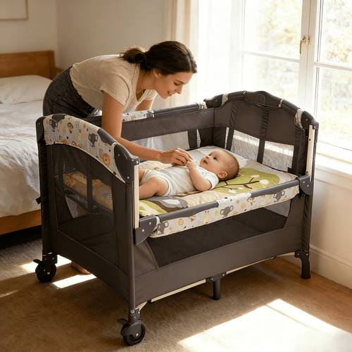 multifunctional foldable baby crib with wheels movable and to a large bed with storage bag and bed bell breathable mesh design suitable for baby sleeping and play suitable for newborns to toddlers