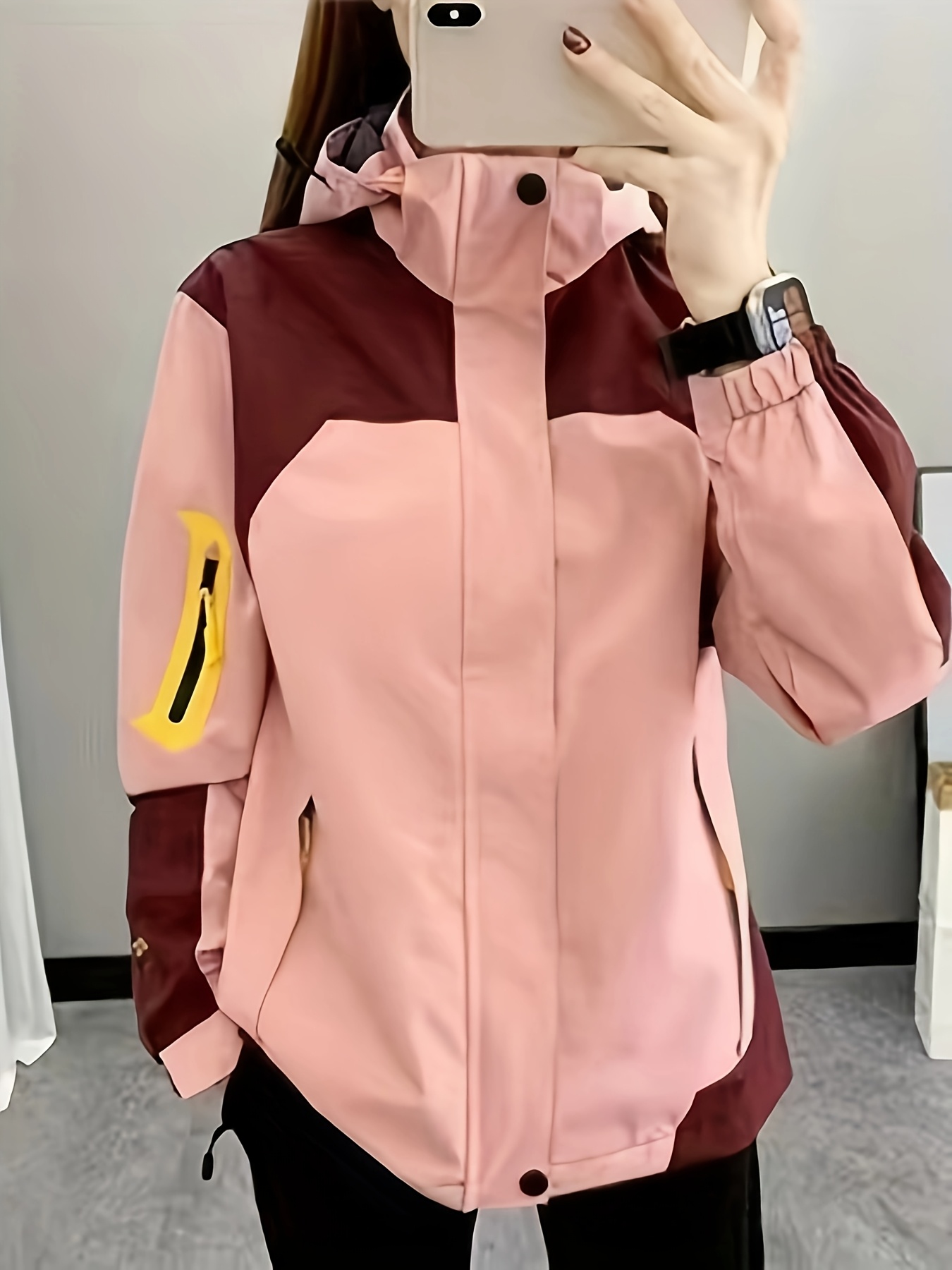 Chaqueta ligera con capucha para mujer, resistente al viento, diseño de bloques de colores contrastantes, con bolsillos con cierre, cierre duradero con cremallera, tela de alta calidad para exteriores, ideal para primavera/otoño