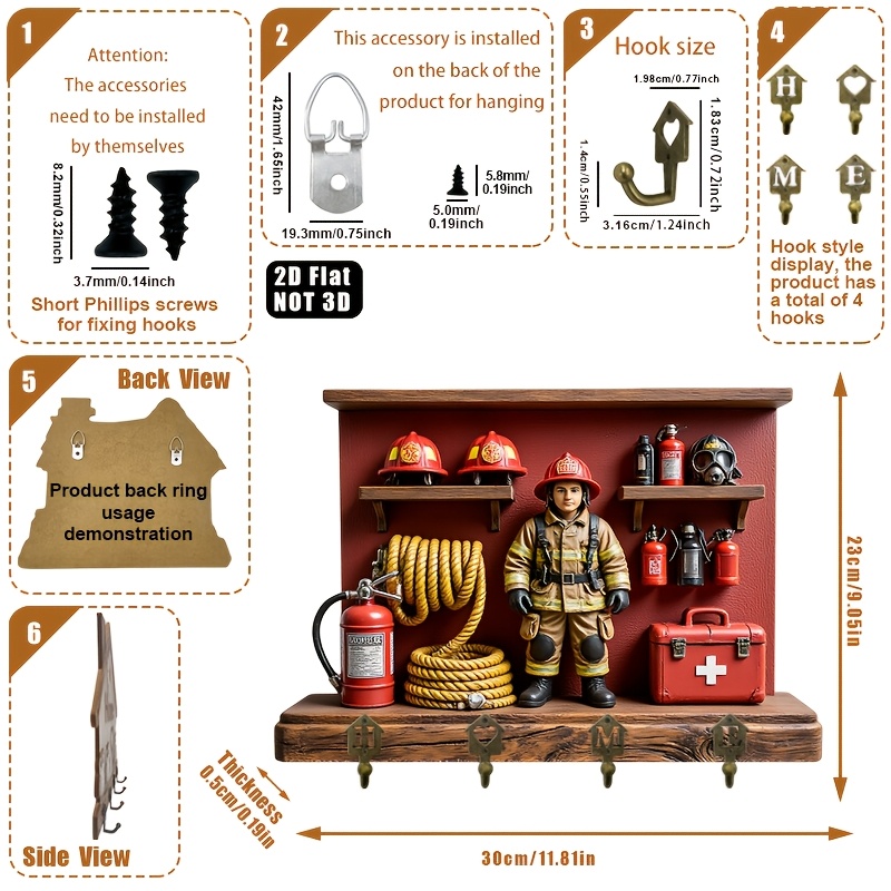 E-shop 2D Flat. 1 Stück. Feuerwehr-Themencharakter-Ausrüstung-Schlüsselhaken - Multifunktionales dekoratives Schlüsselbrett aus Holz, mit vier