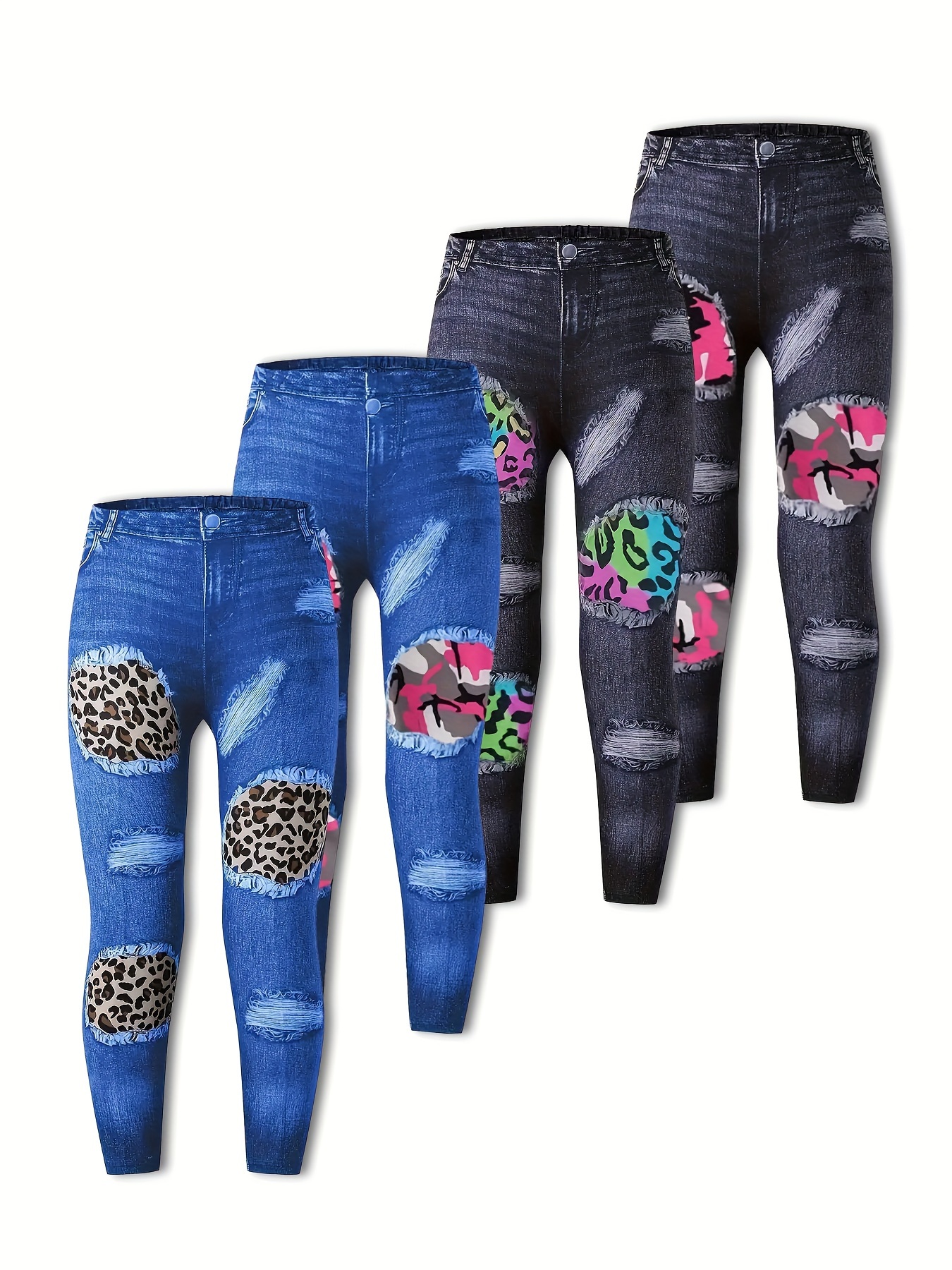 4-Pack Girls' Casual Leopard Print Faux Denim Digital Printed Long Pants - Polyester Blend with Slight Stretch, Elastic Waist, Fake Pockets - Regular Fit Knit Capris for Weekend Casual Wear, Spring/Fall Season Suitable for Children Aged 12 and Under, For Outdoor