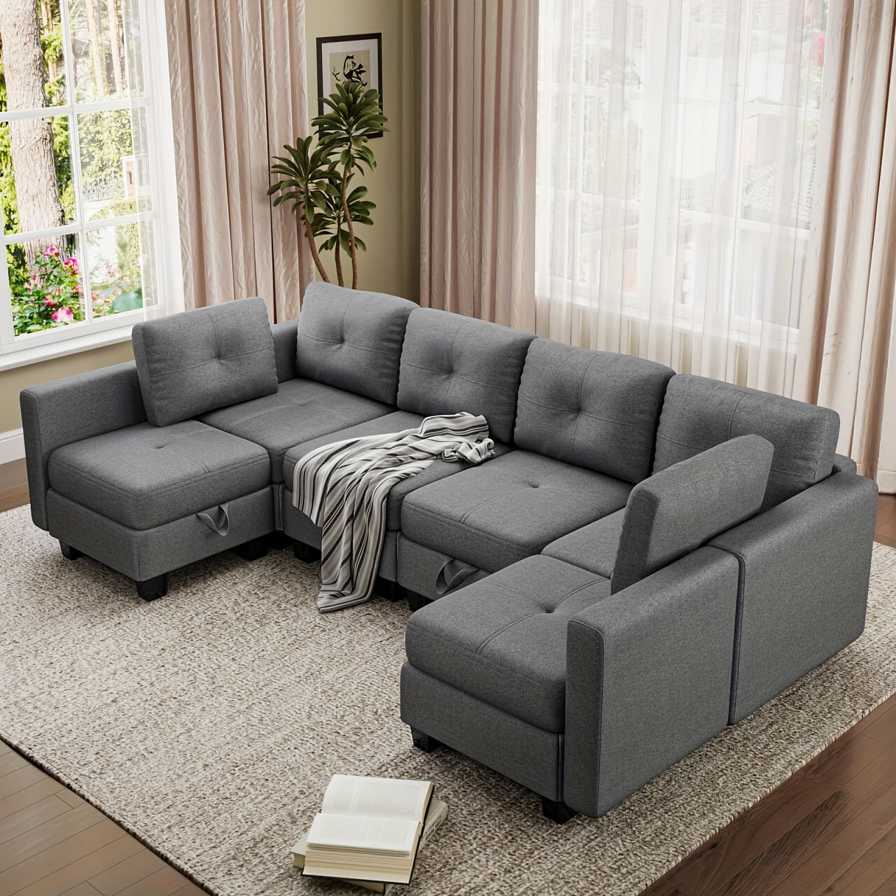 Corner Sofa With Storage Space, U-shaped With Removable Backrest And Soft Padding, Fabric Cover Couch Space- Comfortable For Living Room, Bedroom And Small Spaces