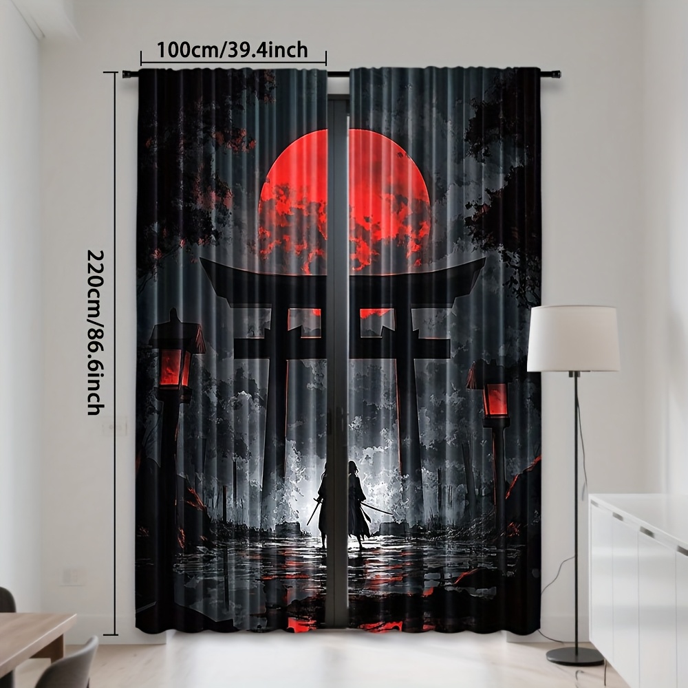 TEMU 2 piezas, Cortinas de Poliéster con Estampado de Chica Anime, Luna y Puerta Torii, Diseño de Bolsillo para Barra, Filtro de Luz para Dormitorio,