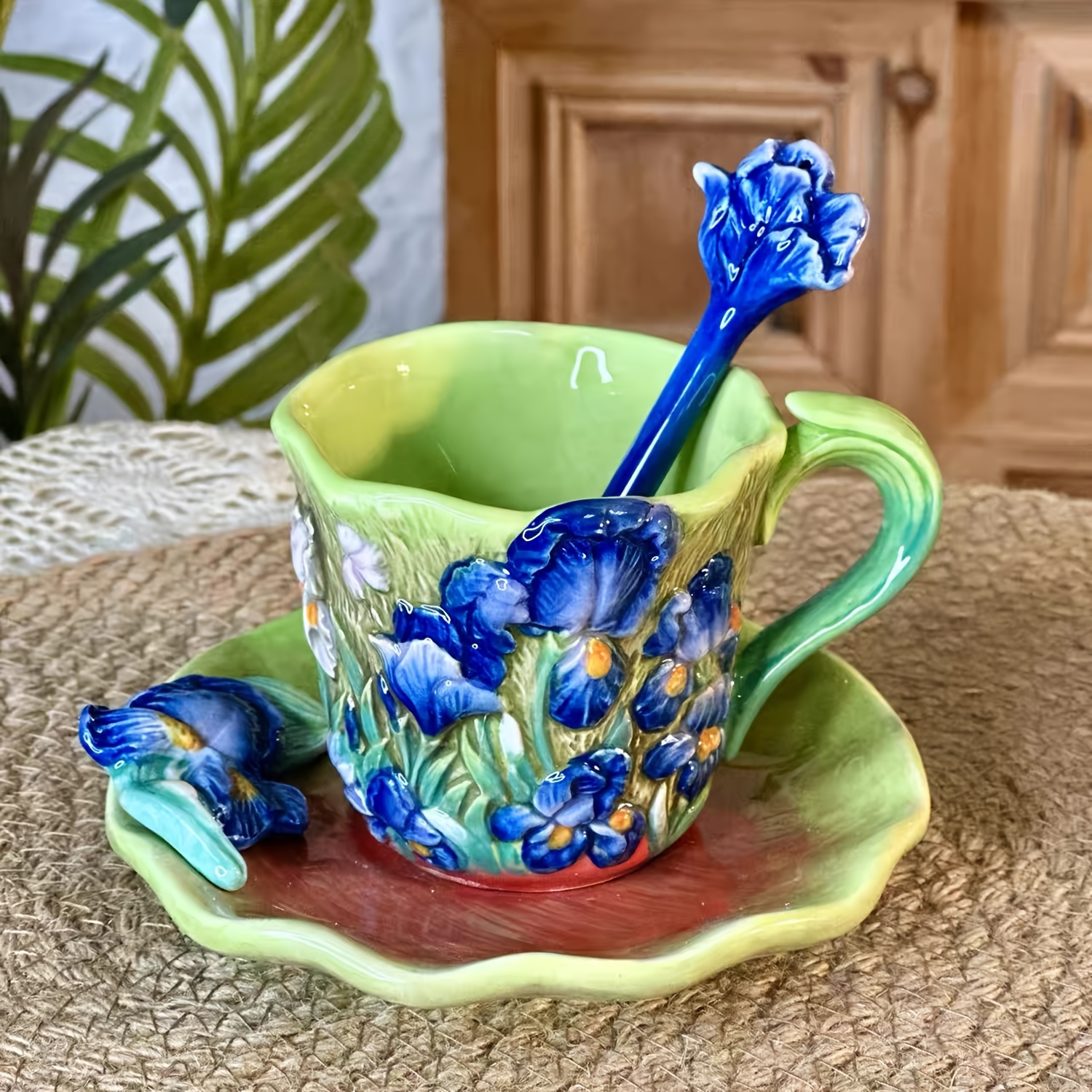 1set ceramic hand painted classic van   oil painting   cup and saucer set 1pc starry night sunflower   apricot tea cup 1pc wave round plate 1pc flower spoon   table decoration christmas valentines day mothers day gift capacity 180ml 6oz Product details 4