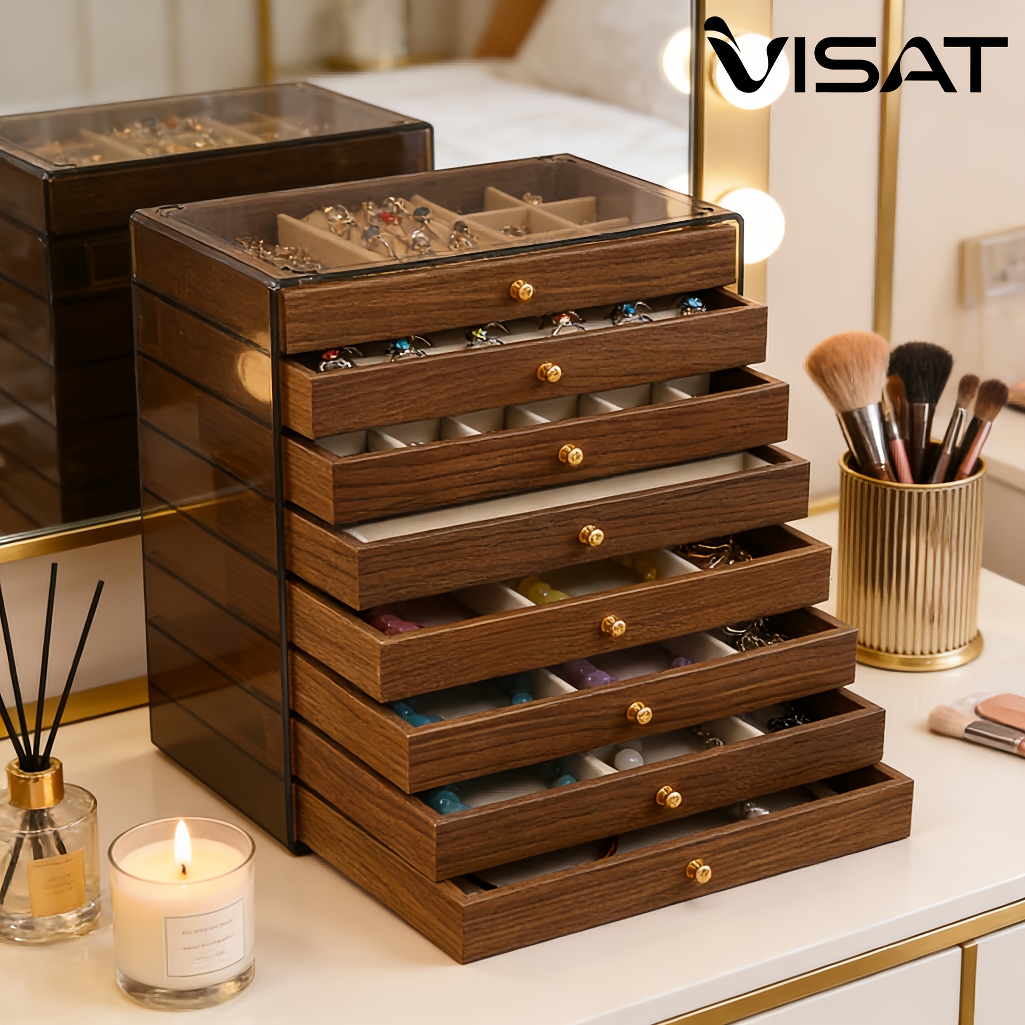 TEMU High-end Exquisite Retro Style 5-layer Walnut-colored Jewelry Box, Large Capacity Layered Design For Organizing Desktop Clutter, Suitable For