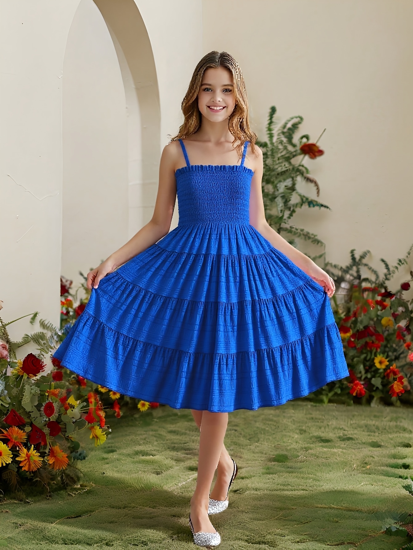 tween girls summer fashion shoulder suspender dress textured
