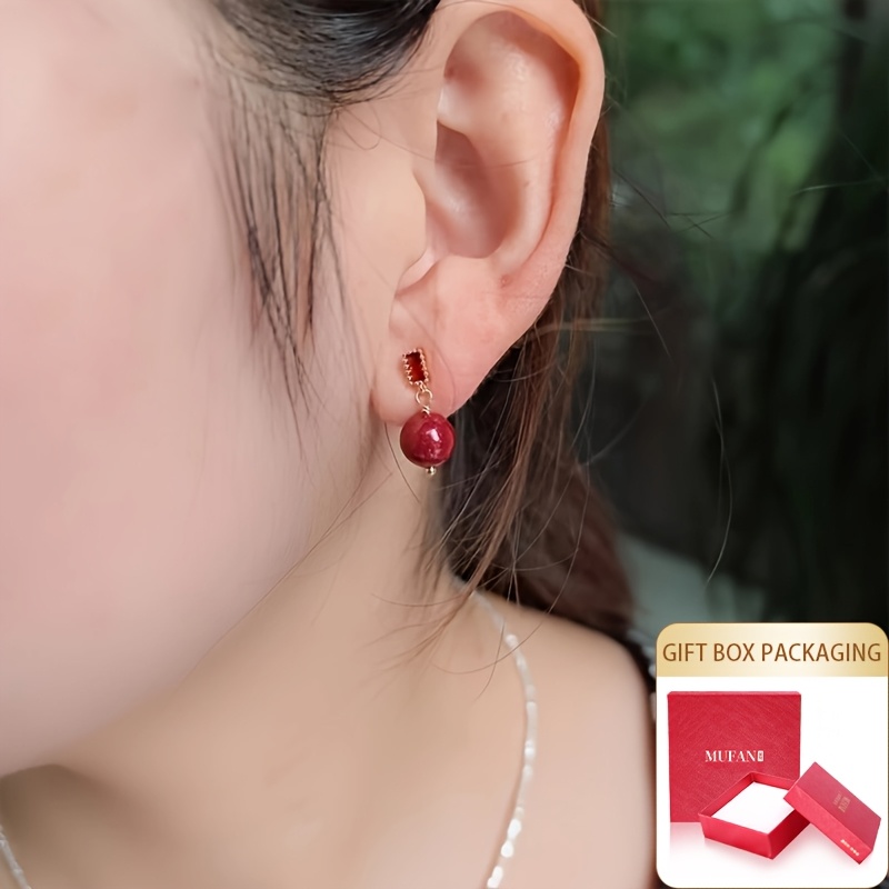 Vintage Cinnabar Stone Drop Earrings for Women