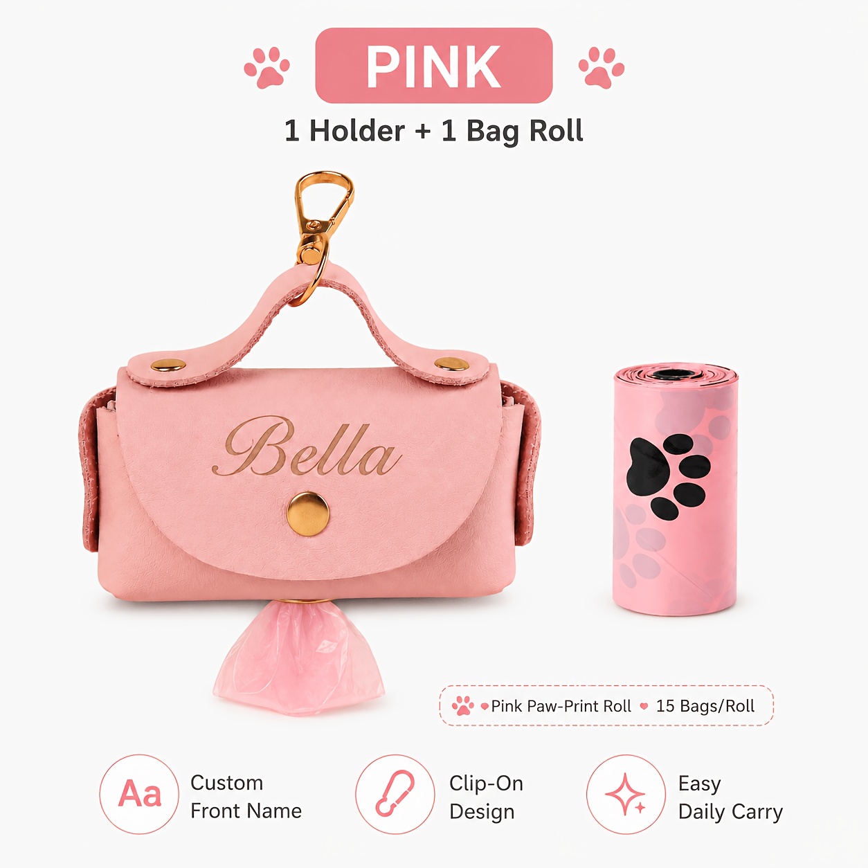 TEMU 2 pezzi Dispenser personalizzato per sacchetti per escrementi di animali domestici con 1 rotolo di sacchetti con stampa di rosa, portatile con