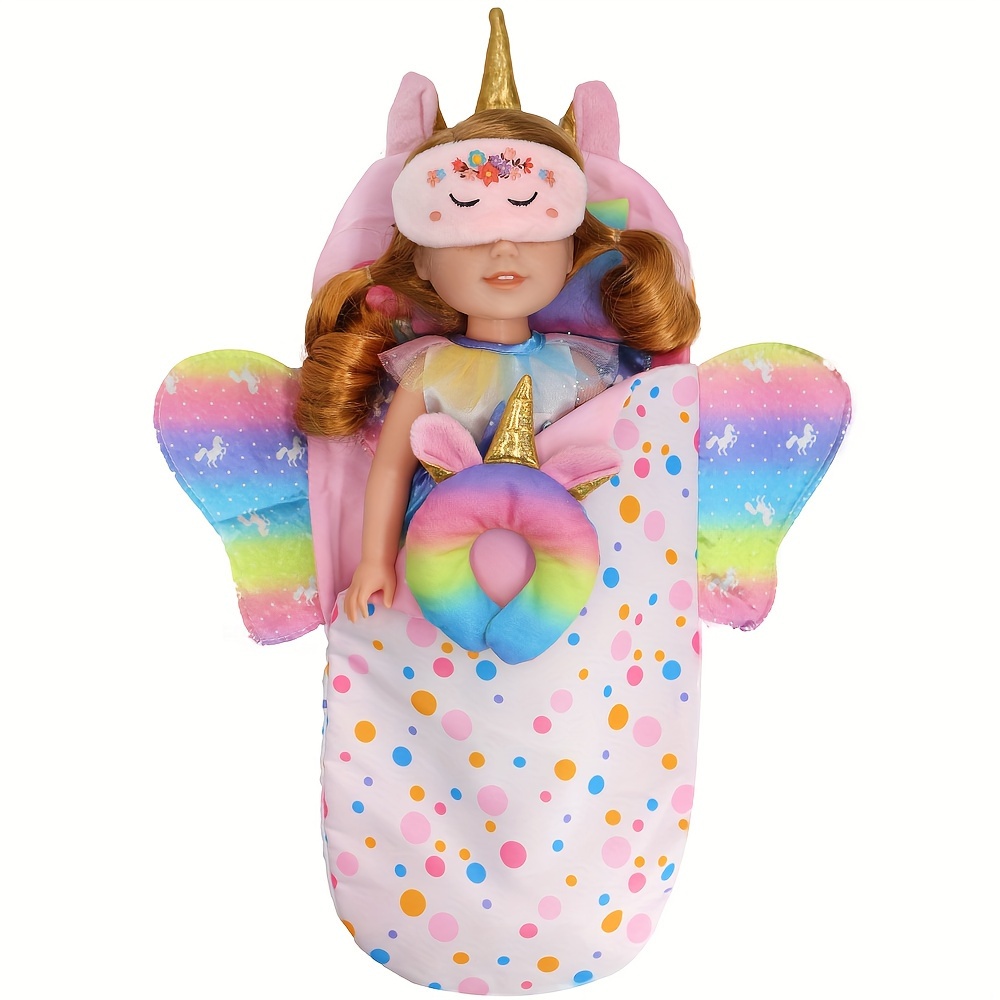 

4pcs/set Doll Costume, Unicorn Rainbow Sleeping Bag+eye Mask+u-shaped Pillow+pillow, With Eye Mask Fits 10-15 In Dolls, Doll Not Included