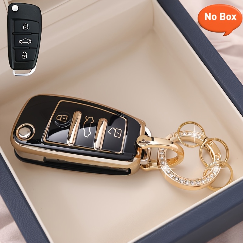 Image of Tpu Golden-trim Key Case With Drilled Ring Keychain For A1 A3 A4 8p 2.11gal 8v A5 B6 B7 A6 A7 C5 C6 Q2 Q3 Q5 Q7 4f S3 S4 S6 Rs3 Tt Car Key Pouch Keychain ()