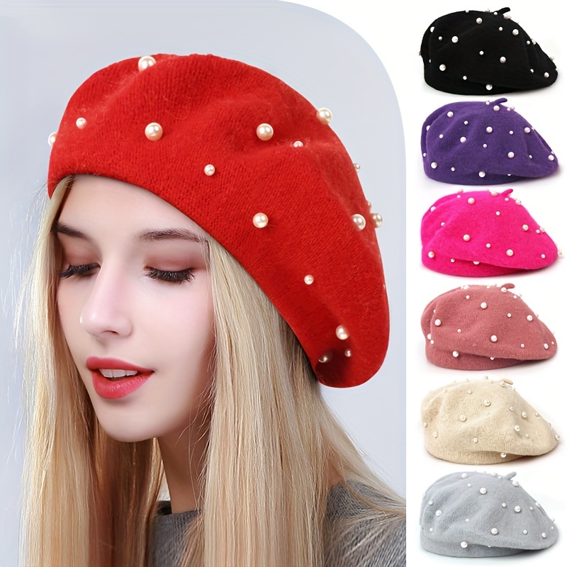 

Elegant Pearl-embellished Wool Beret For Women - Breathable, Non-stretch, Hand-washable - Autumn &