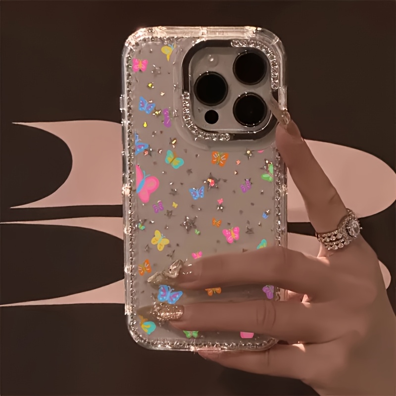 TEMU para teléfono: de lujo de moda con pedrería y diseño de de colorida y sencilla, de cristal transparente con estrellas, cubierta a prueba de