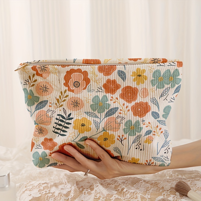 

Chic Floral Print Corduroy Makeup Bag - Lightweight & Multifunctional With Lining, Vibrant Zippered Cosmetic Pouch, Polyester, Non-waterproof, Ideal For Travel & Daily Use