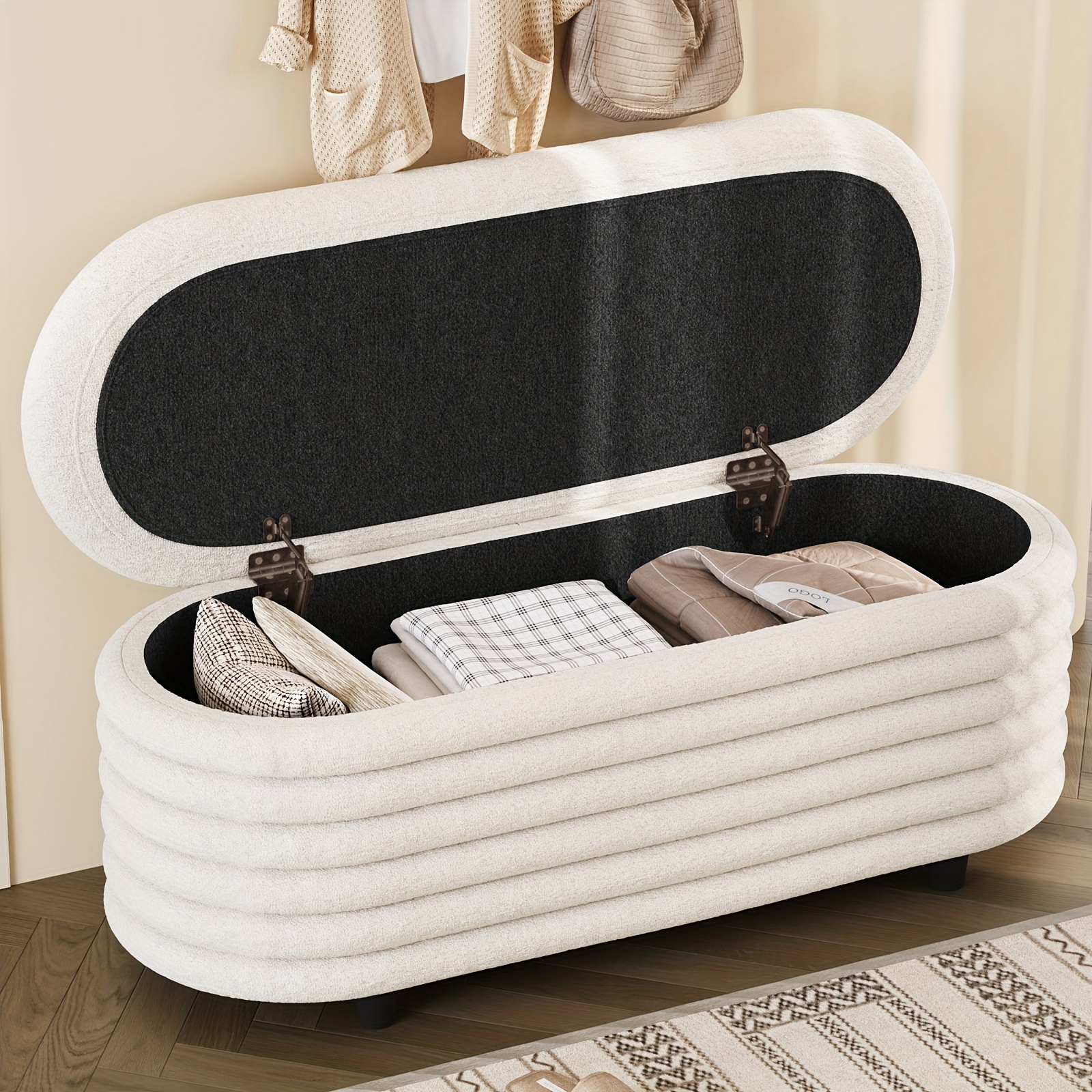 Image of Storage Ottoman Bench, End Of Bed Storage Bench With Lid, Upholstered Bedroom Bench, Modern Shoe Changing Stool, Sofa Footstool For Bedroom Living Room Hallway