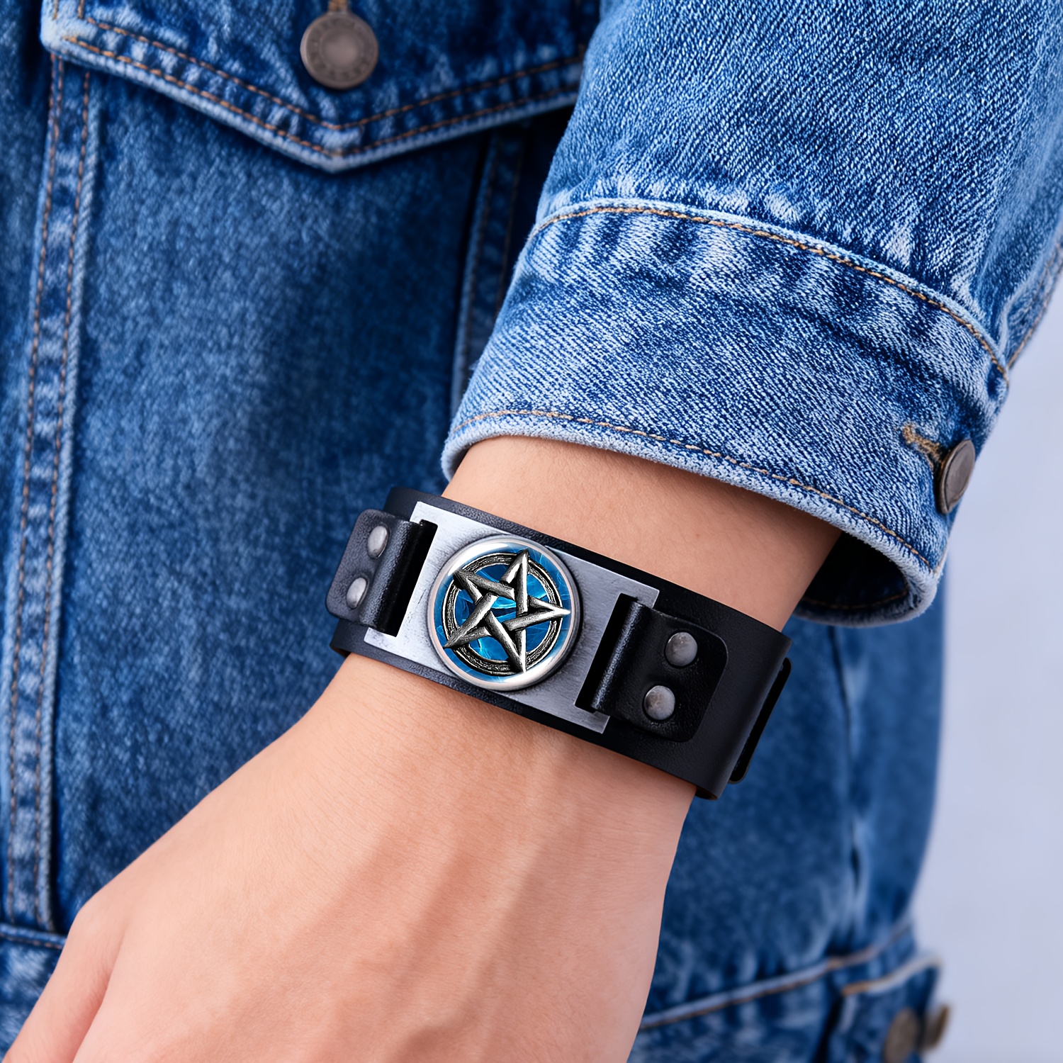 Black Faux Leather Unisex Bracelet with Colored Glass Base