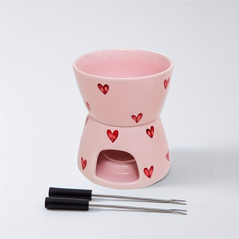 Image of 1pc Chocolate Fondue Pot With 2 Forks, Pattern Ceramic Butter Warmer Set Set, Melt Hot Pot Bowl Set For R Cheese Chocolate Butter Caramel, Gift For Wedding Birthday Thanksgiving Anniversary