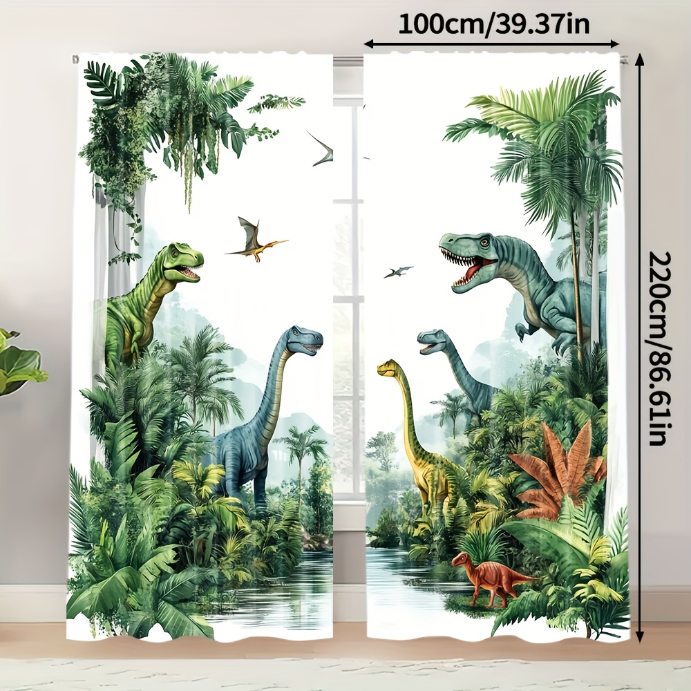 TEMU 2pcs Dinosaur & Tropical Jungle Print Curtains - Machine Washable Polyester, Light-filtering Design For Bedroom, Living Room, Or Office Decor