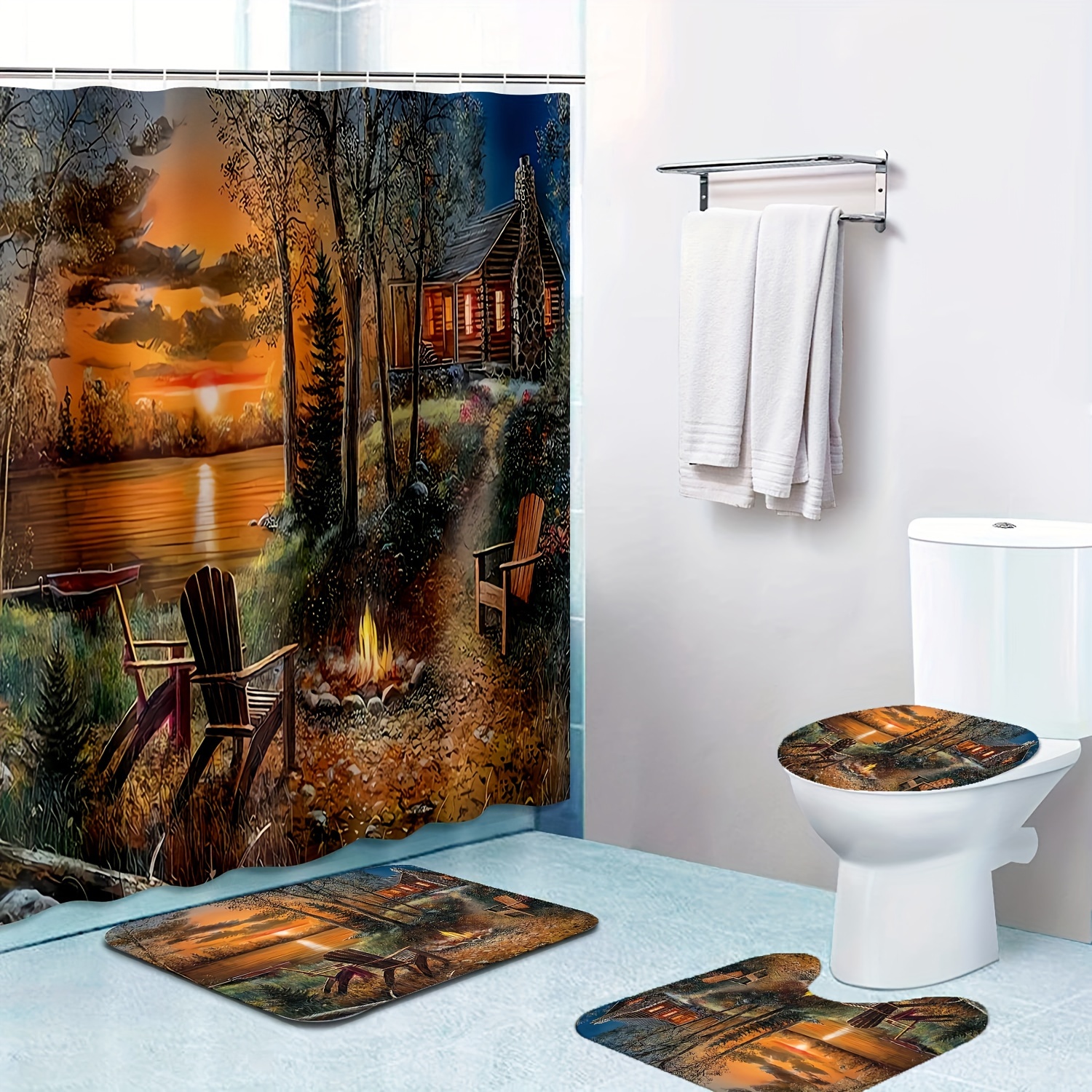 

1/4pcs Cabin Sunset Scenery Print Shower Curtain Set, Shower Curtain With 12 Hooks, Non-slip Bathroom Rug, Toilet U-shape Mat, Toilet Lid Cover Pad, Bathroom Decor, Shower Curtain Sets For Bathrooms