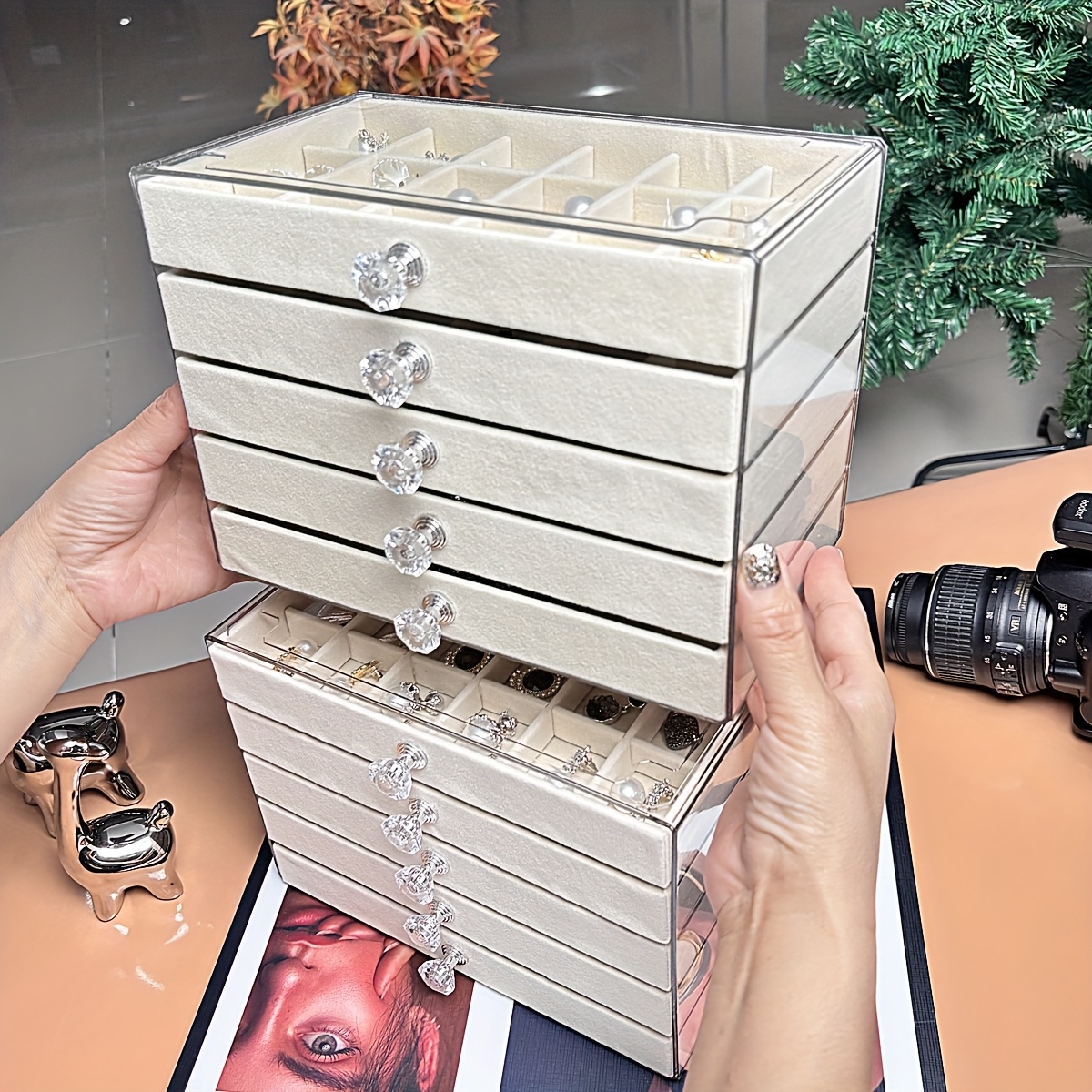   organizer box with beige gray elegant desktop storage case with clear lid multiple compartments slots for rings necklaces bracelets durable plastic construction for   boutique perfect gift for christmas valentines weddings no assembly needed home decor accessory stylish display polished   bridal accessories jewelry boxes Product details 6