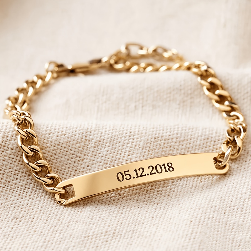TEMU Custom 304 304 304 304 Stainless Steel Men's Cuban Link Bracelet, Hip-hop Fashion Match, Personalized Name Or Date