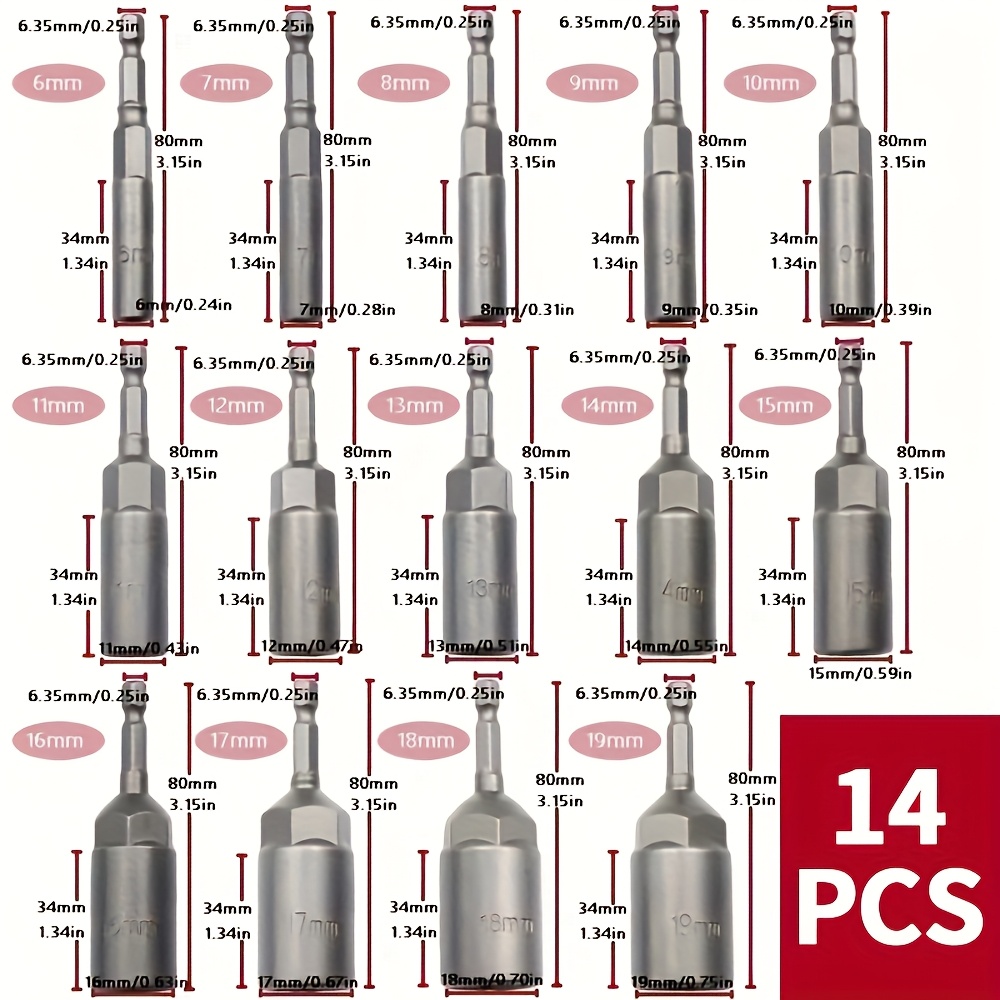TEMU 8pcs/10pcs/14pcs Metric Impact Grade Nut Setters With 6-19mm Nut Driver Socket Set And 0.25"""" Hex Shank Drill Bits - High- For Nut Tightening"""