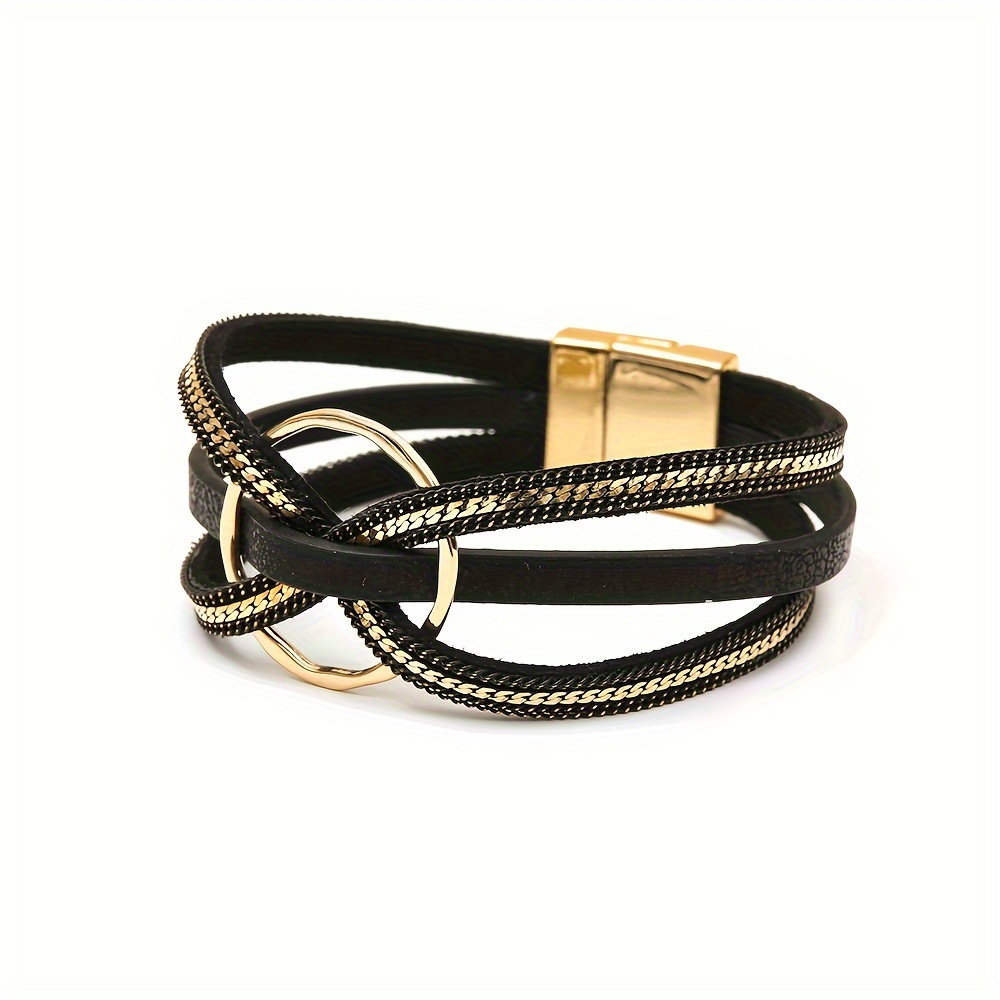Minimalist PU Leather Bracelet with Circles, Magnetic Closure