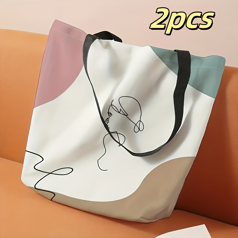 TEMU 2pcs Women's Fashion Reusable Canvas Tote Bags With Animal Print & , White High-quality Multipurpose Shoulder Bags For Shopping, Beach, Work, Casual