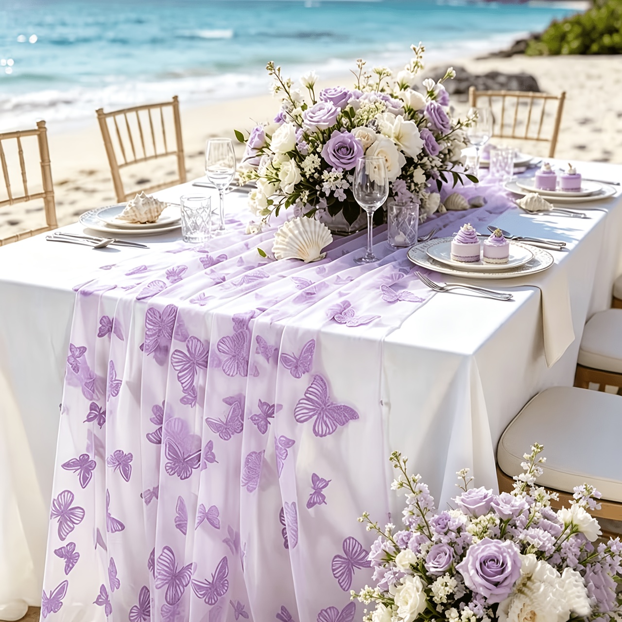 TEMU 1pc 1pcs Purple Flocked Tulle Table Runner & White Mesh Tablecloth Suitable For Weddings, Bridal Showers, Garden Parties - Rectangular Table