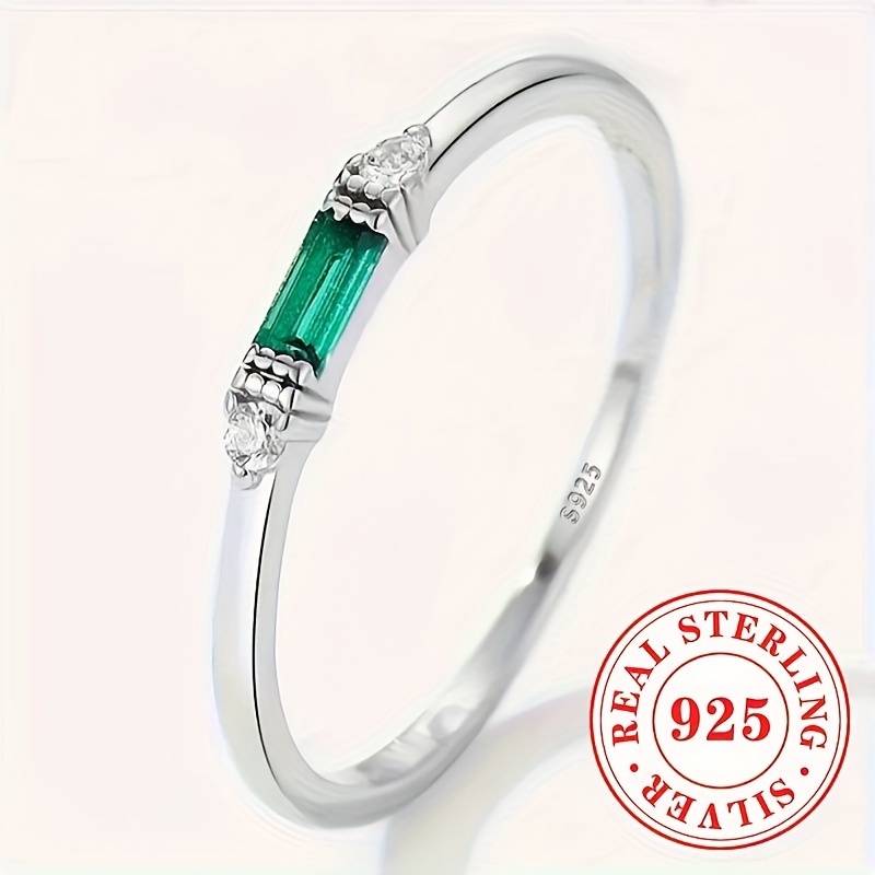 

925 Sterling Silver Baguette Ring With Cubic Zirconia And Synthetic Green Gemstone Decor, Daily Casual And Party Stackable Thin Gifts For Women