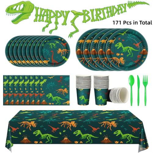 171pcs for dinosaur birthday decorations party supplies with for dinosaur birthday plates paper cups table cloths napkins tableware pack for dino banner for dino theme party plates supplies decorations