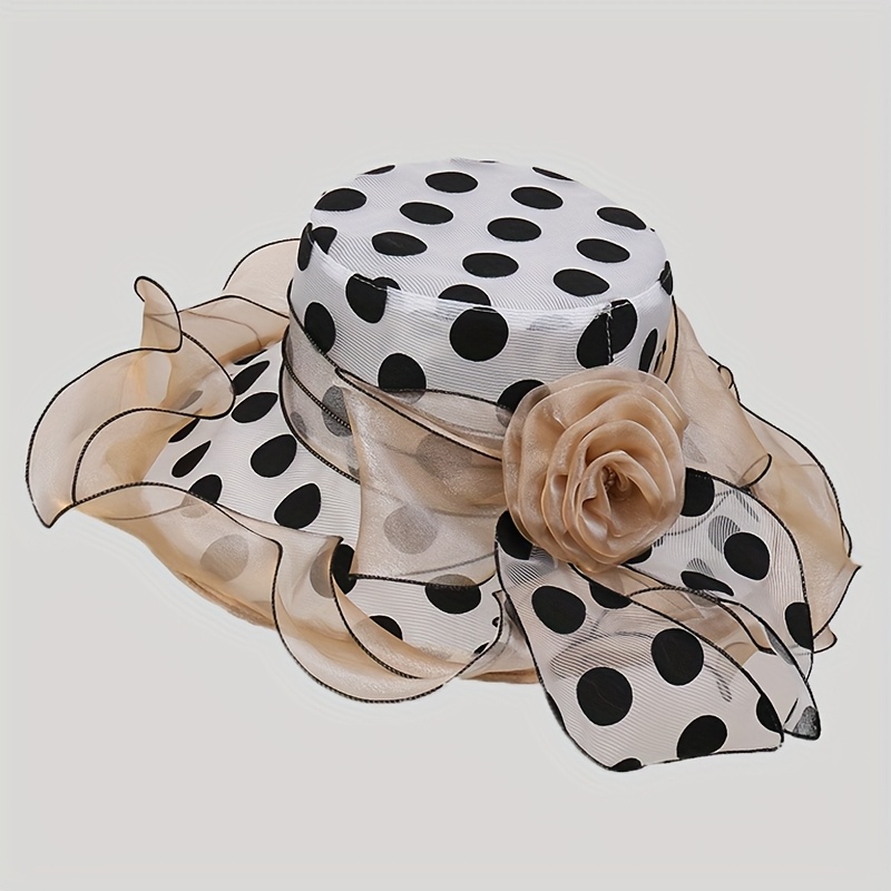Elegant Polka Dot Hat with Floral Accents elegant womens wide brim sun hat breathable organza polka - Temu main image 4